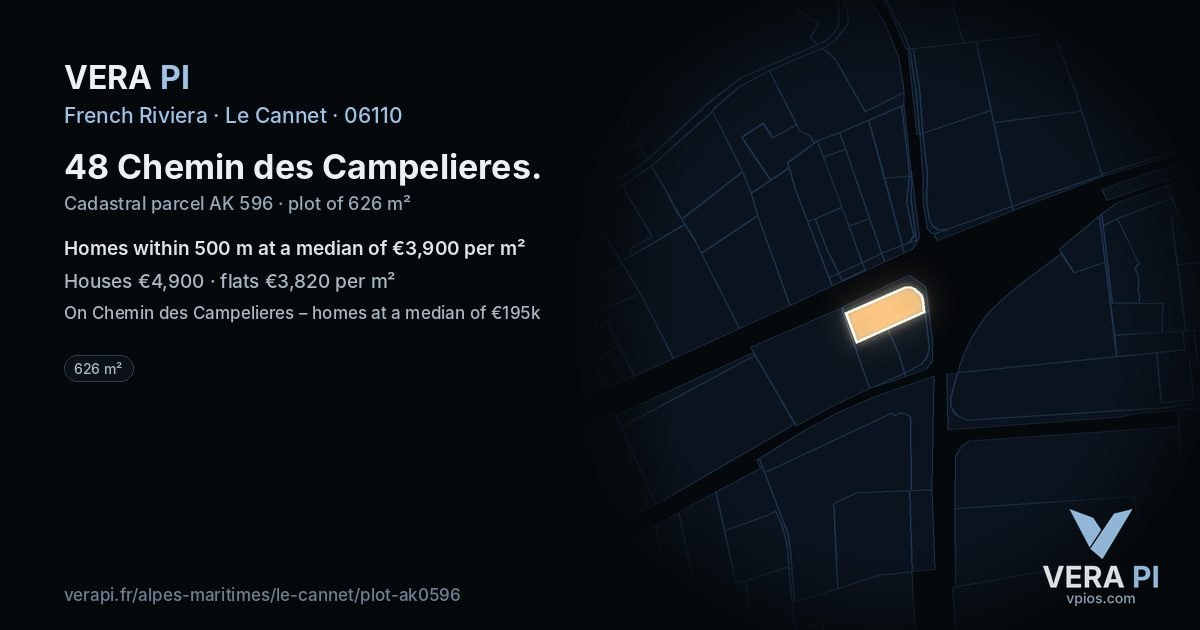 48 Chemin des Campelieres, Le Cannet at night – the plot lit, the parcels around coloured by the prices near them