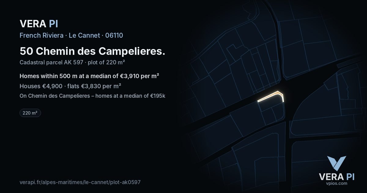 50 Chemin des Campelieres, Le Cannet at night – the plot lit, the parcels around coloured by the prices near them
