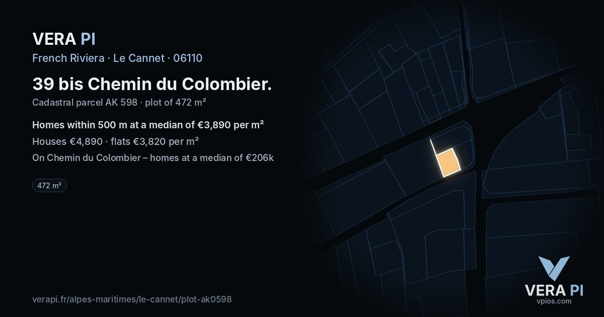 39 bis Chemin du Colombier, Le Cannet at night – the plot lit, the parcels around coloured by the prices near them