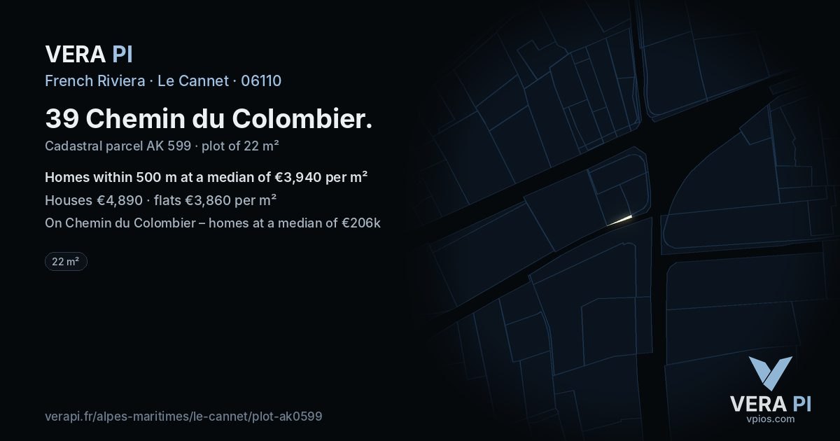 39 Chemin du Colombier, Le Cannet at night – the plot lit, the parcels around coloured by the prices near them