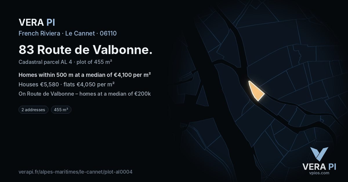 83 Route de Valbonne, Le Cannet at night – the plot lit, the parcels around coloured by the prices near them