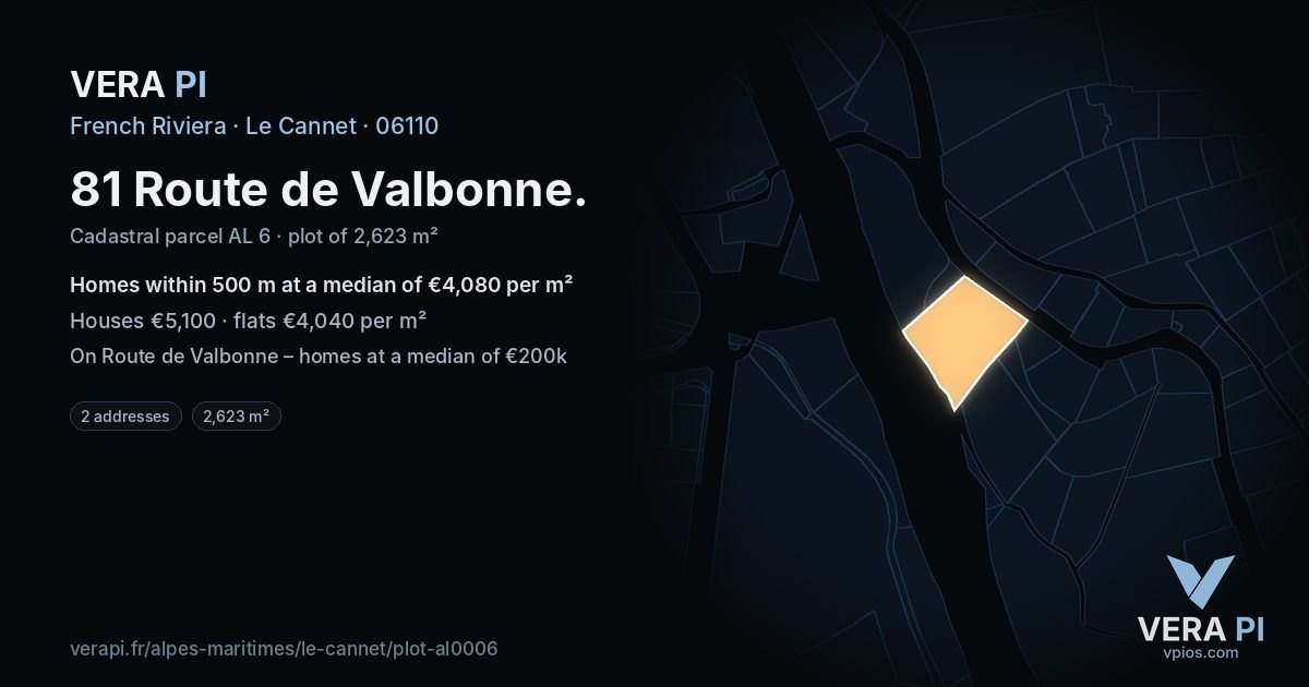 81 Route de Valbonne, Le Cannet at night – the plot lit, the parcels around coloured by the prices near them