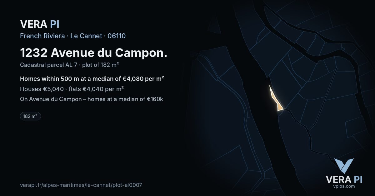 1232 Avenue du Campon, Le Cannet at night – the plot lit, the parcels around coloured by the prices near them