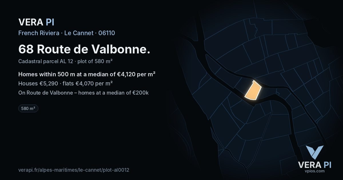 68 Route de Valbonne, Le Cannet at night – the plot lit, the parcels around coloured by the prices near them