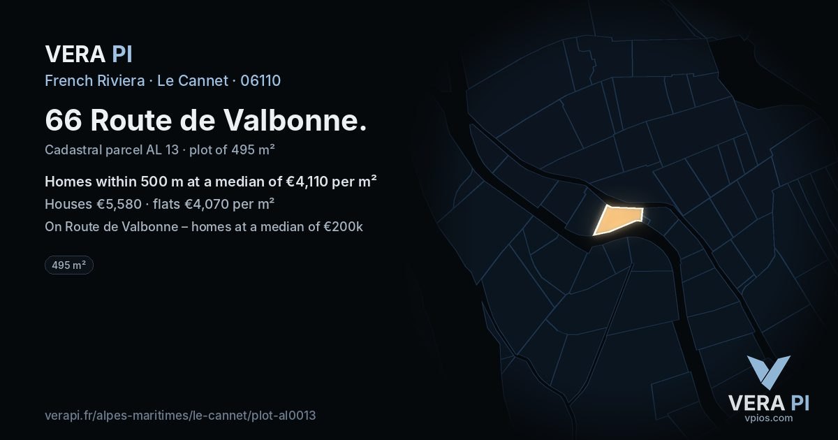 66 Route de Valbonne, Le Cannet at night – the plot lit, the parcels around coloured by the prices near them