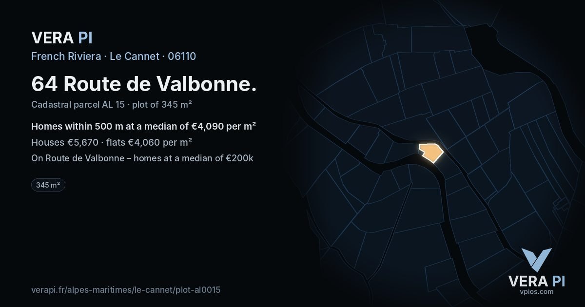 64 Route de Valbonne, Le Cannet at night – the plot lit, the parcels around coloured by the prices near them