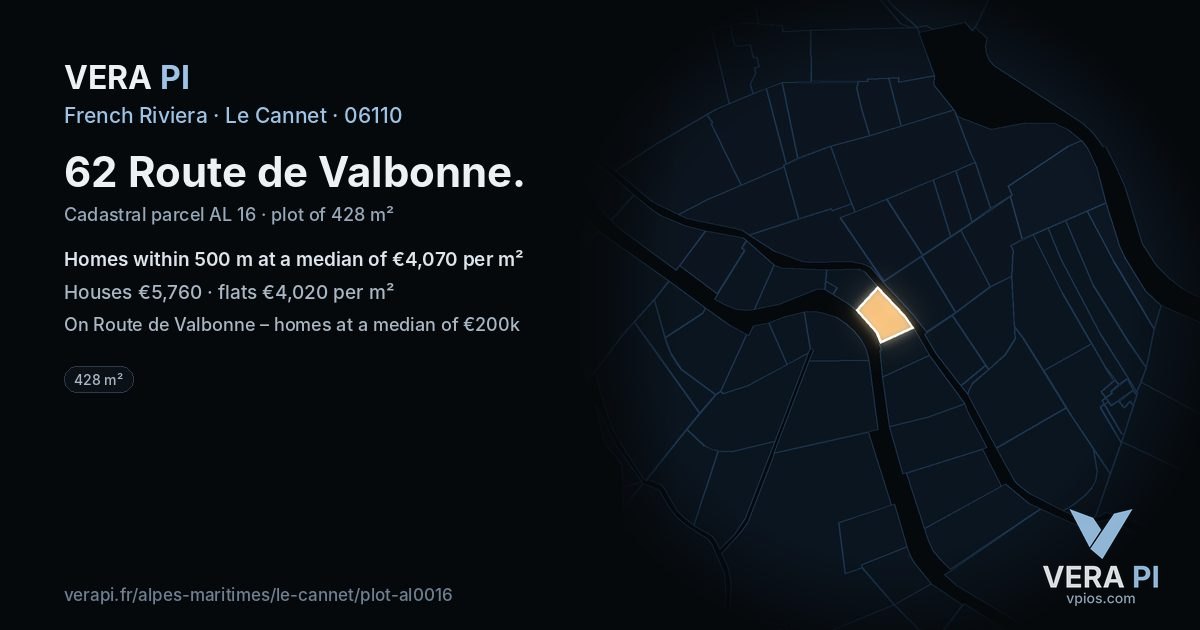 62 Route de Valbonne, Le Cannet at night – the plot lit, the parcels around coloured by the prices near them
