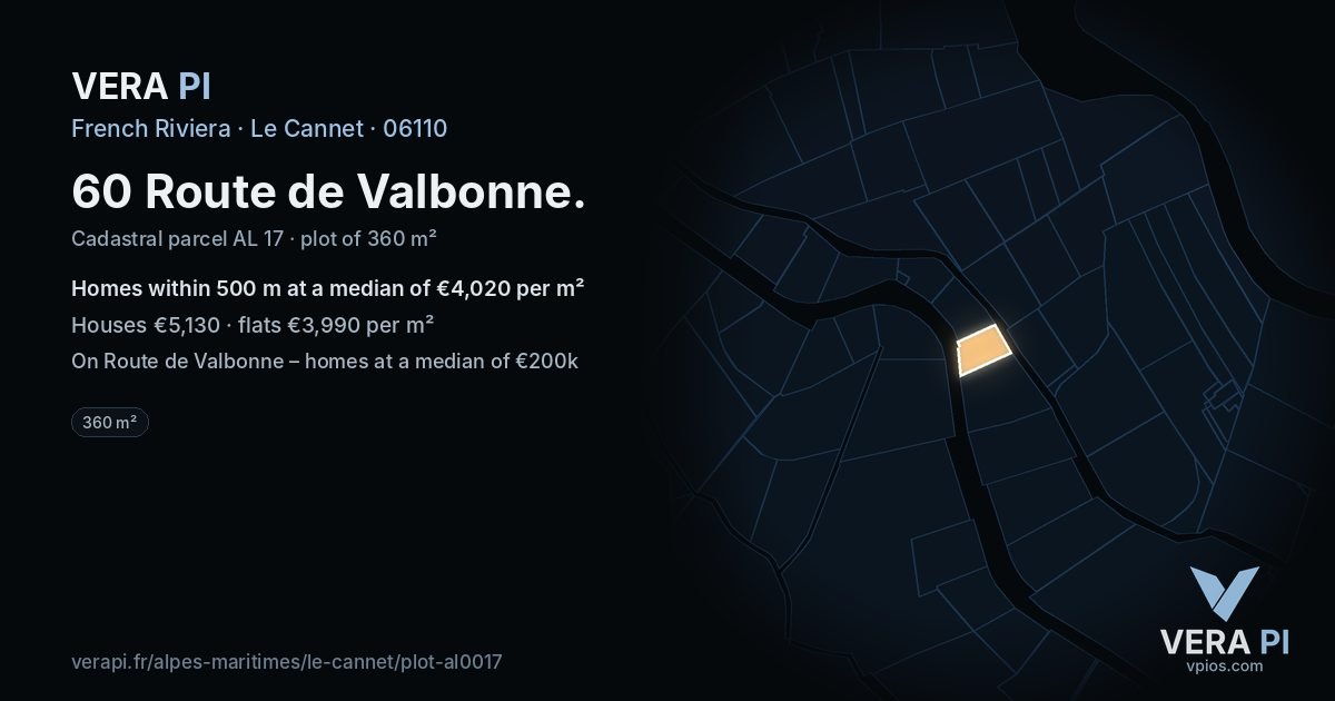 60 Route de Valbonne, Le Cannet at night – the plot lit, the parcels around coloured by the prices near them