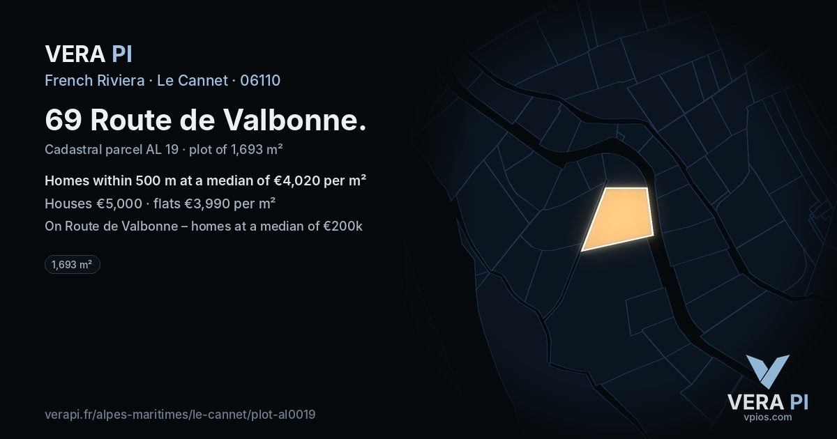 69 Route de Valbonne, Le Cannet at night – the plot lit, the parcels around coloured by the prices near them