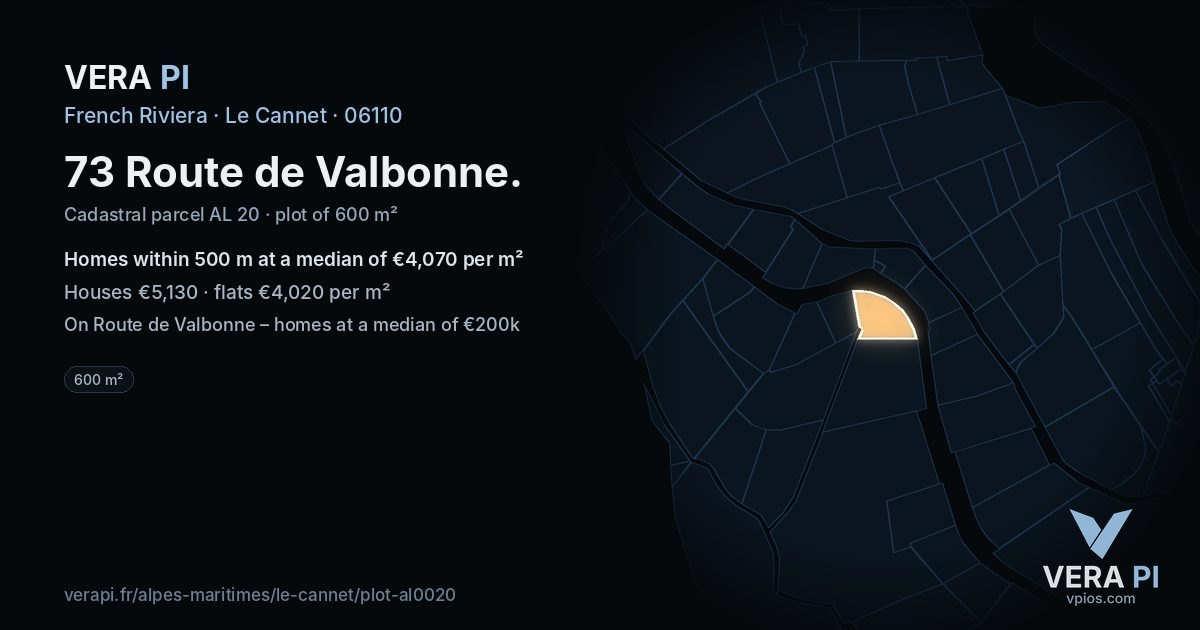 73 Route de Valbonne, Le Cannet at night – the plot lit, the parcels around coloured by the prices near them