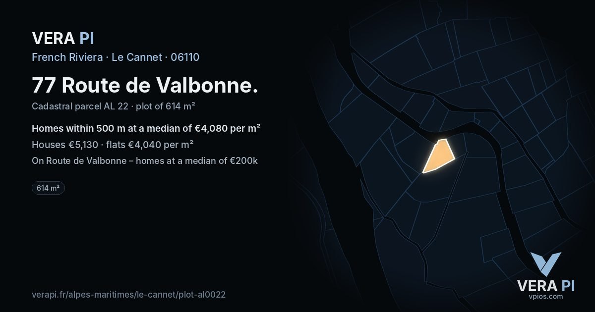 77 Route de Valbonne, Le Cannet at night – the plot lit, the parcels around coloured by the prices near them