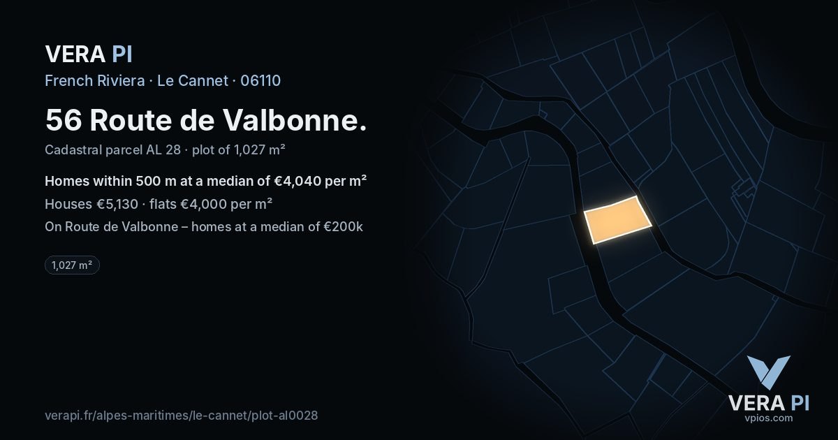 56 Route de Valbonne, Le Cannet at night – the plot lit, the parcels around coloured by the prices near them