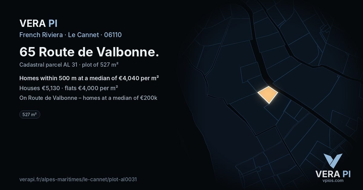 65 Route de Valbonne, Le Cannet at night – the plot lit, the parcels around coloured by the prices near them