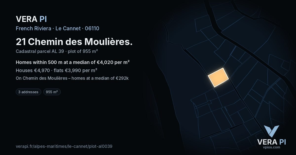 21 Chemin des Moulières, Le Cannet at night – the plot lit, the parcels around coloured by the prices near them