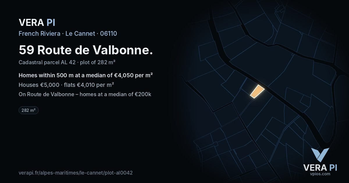 59 Route de Valbonne, Le Cannet at night – the plot lit, the parcels around coloured by the prices near them