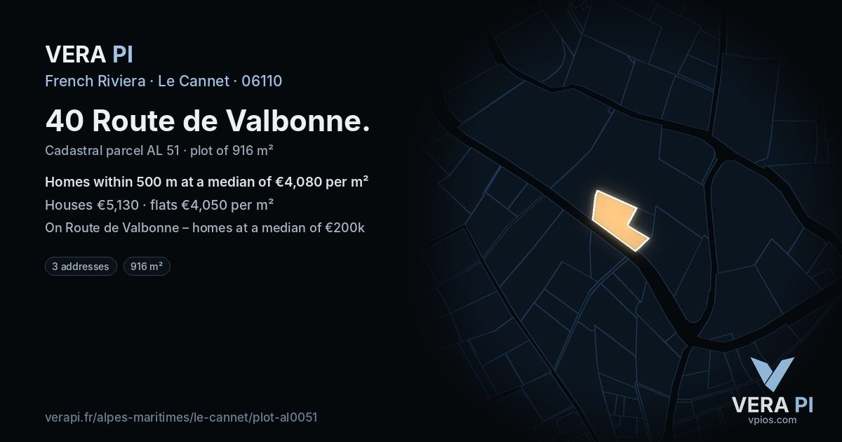 40 Route de Valbonne, Le Cannet at night – the plot lit, the parcels around coloured by the prices near them