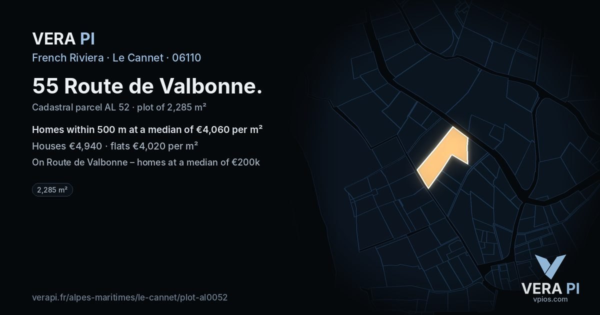 55 Route de Valbonne, Le Cannet at night – the plot lit, the parcels around coloured by the prices near them