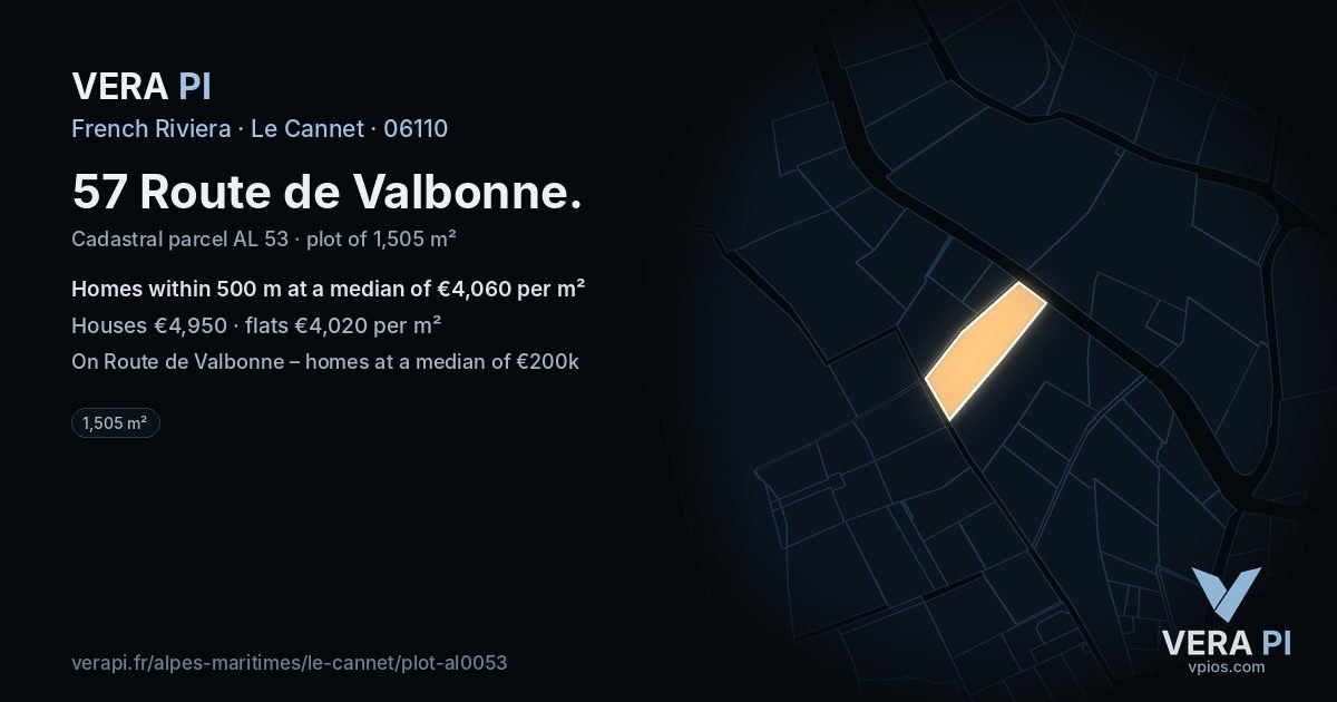 57 Route de Valbonne, Le Cannet at night – the plot lit, the parcels around coloured by the prices near them