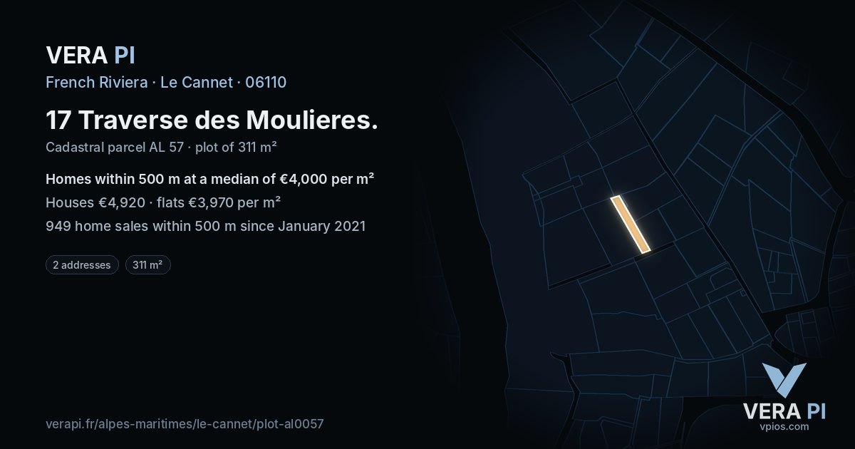 17 Traverse des Moulieres, Le Cannet at night – the plot lit, the parcels around coloured by the prices near them
