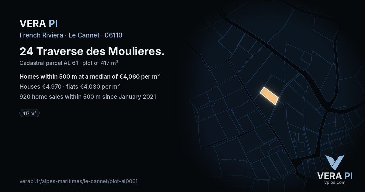 24 Traverse des Moulieres, Le Cannet at night – the plot lit, the parcels around coloured by the prices near them