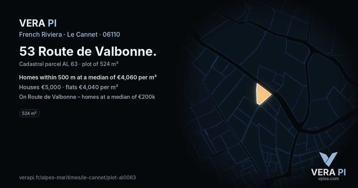 53 Route de Valbonne, Le Cannet at night – the plot lit, the parcels around coloured by the prices near them