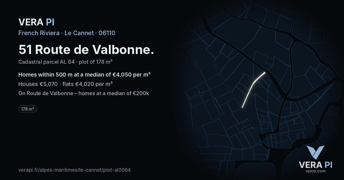 51 Route de Valbonne, Le Cannet at night – the plot lit, the parcels around coloured by the prices near them