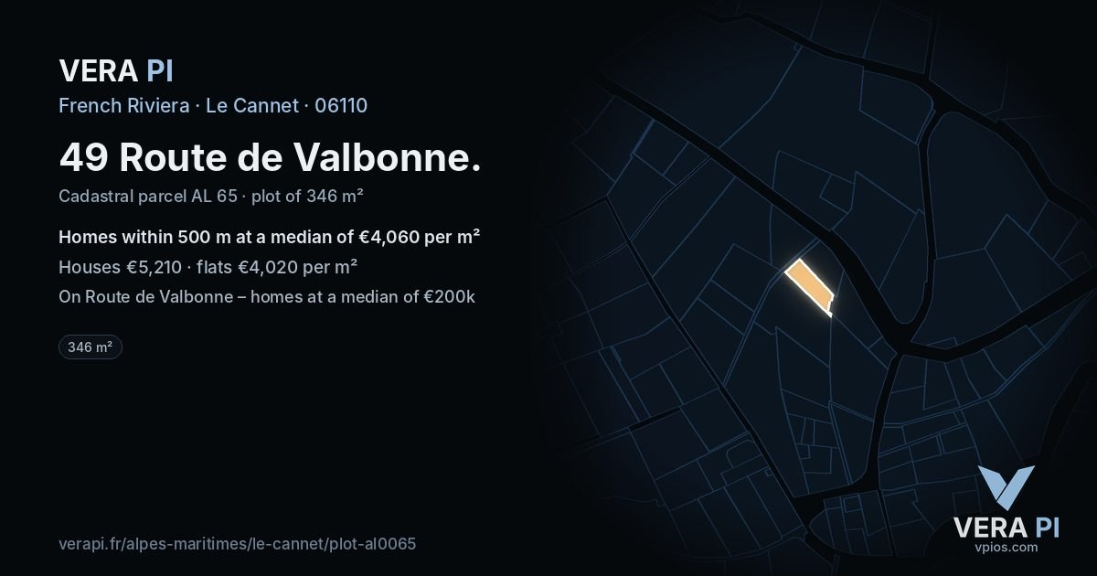 49 Route de Valbonne, Le Cannet at night – the plot lit, the parcels around coloured by the prices near them