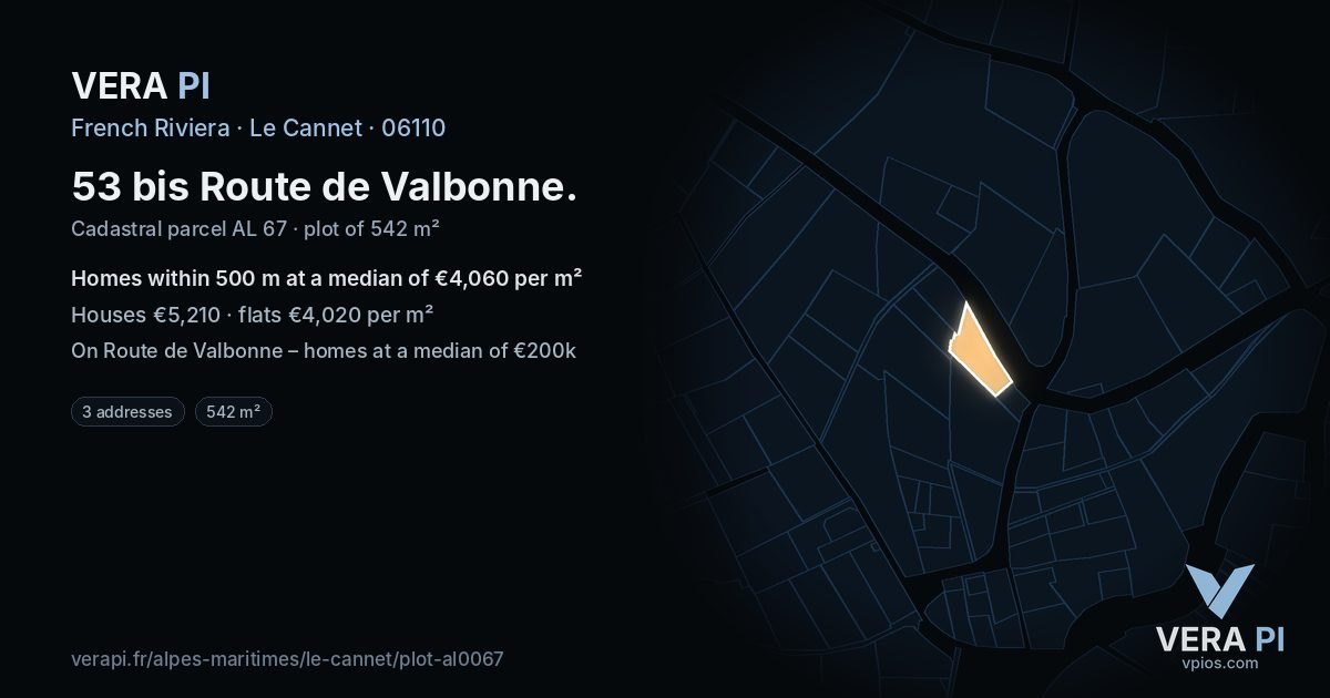 53 bis Route de Valbonne, Le Cannet at night – the plot lit, the parcels around coloured by the prices near them