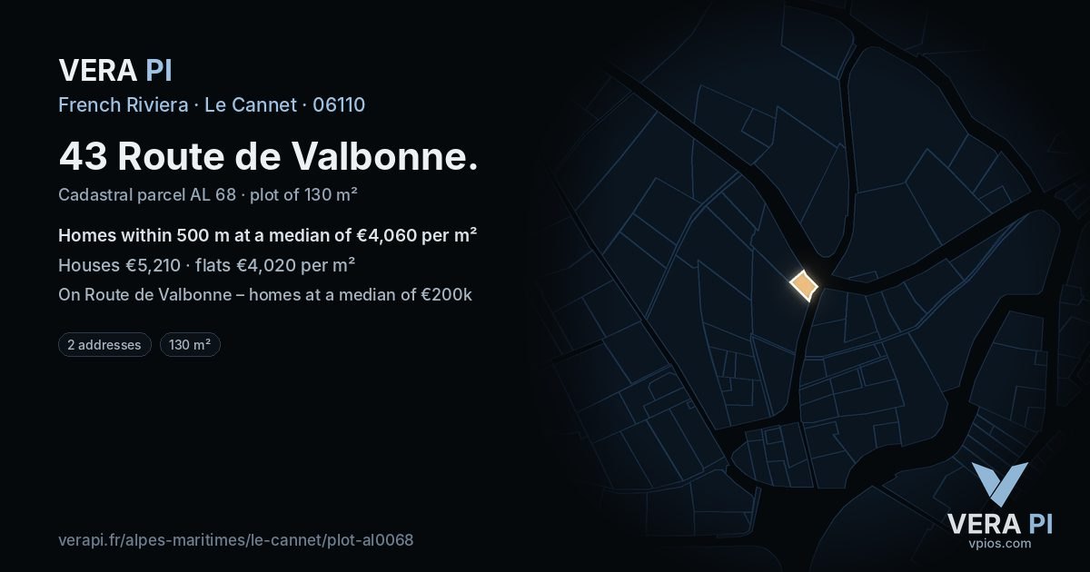 43 Route de Valbonne, Le Cannet at night – the plot lit, the parcels around coloured by the prices near them