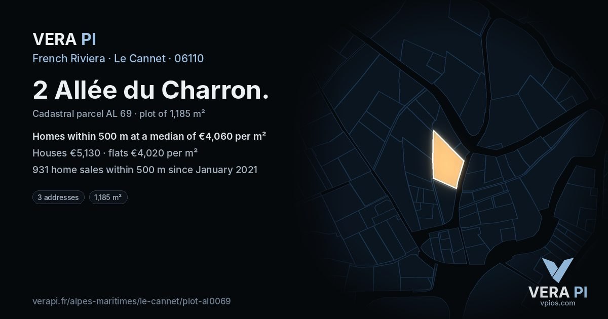 2 Allée du Charron, Le Cannet at night – the plot lit, the parcels around coloured by the prices near them