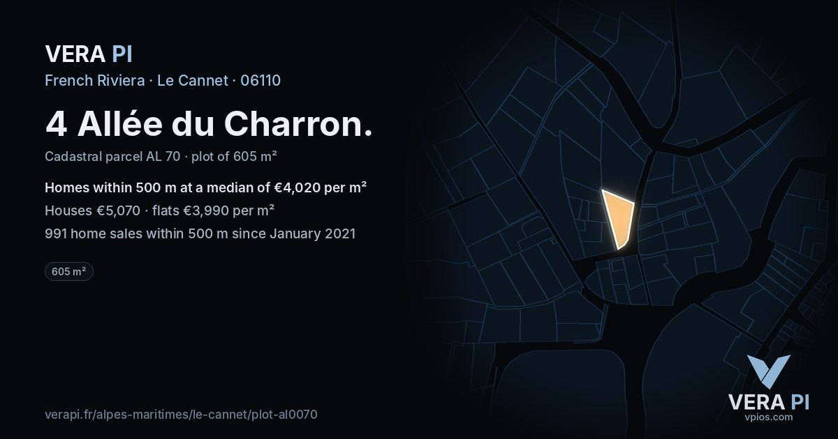 4 Allée du Charron, Le Cannet at night – the plot lit, the parcels around coloured by the prices near them