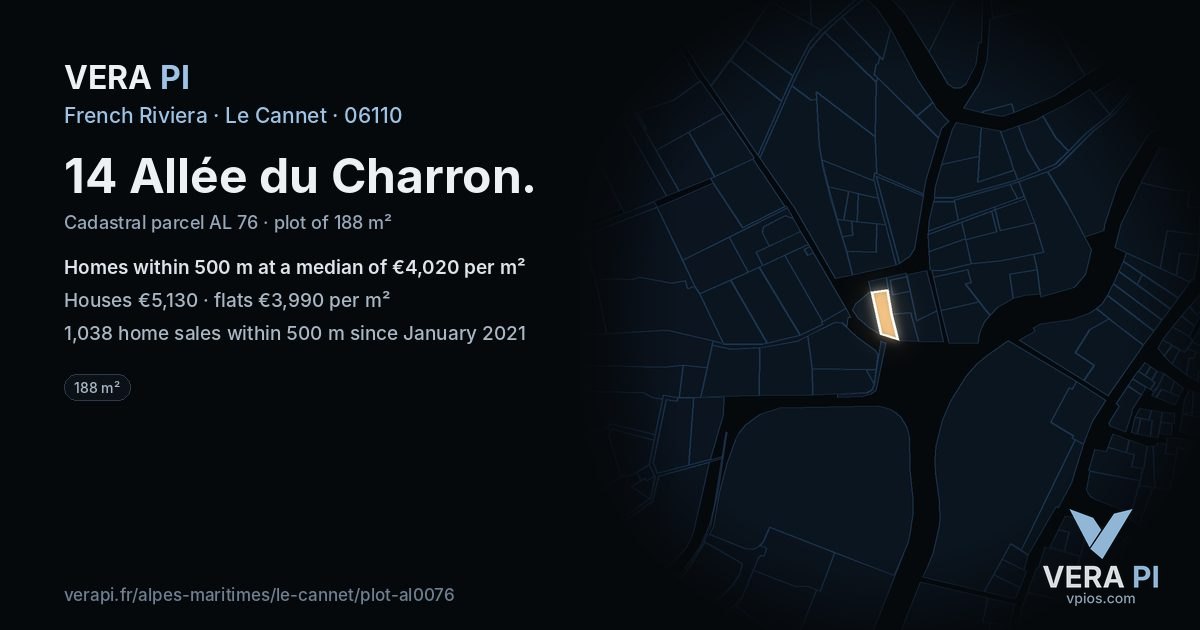 14 Allée du Charron, Le Cannet at night – the plot lit, the parcels around coloured by the prices near them