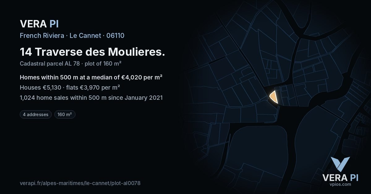 14 Traverse des Moulieres, Le Cannet at night – the plot lit, the parcels around coloured by the prices near them