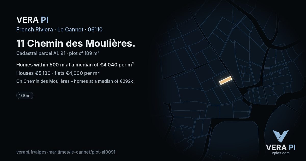 11 Chemin des Moulières, Le Cannet at night – the plot lit, the parcels around coloured by the prices near them