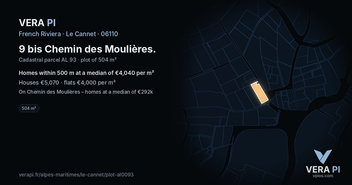 9 bis Chemin des Moulières, Le Cannet at night – the plot lit, the parcels around coloured by the prices near them