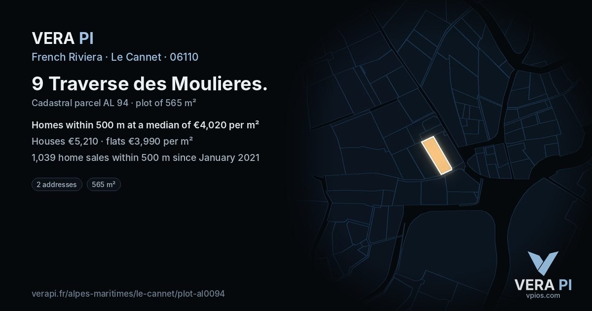 9 Traverse des Moulieres, Le Cannet at night – the plot lit, the parcels around coloured by the prices near them