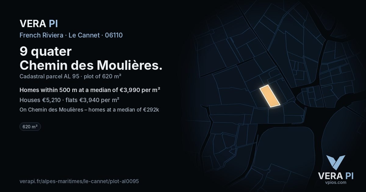 9 quater Chemin des Moulières, Le Cannet at night – the plot lit, the parcels around coloured by the prices near them