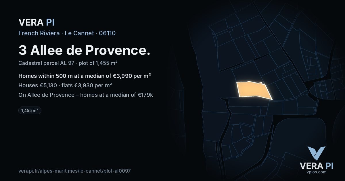 3 Allee de Provence, Le Cannet at night – the plot lit, the parcels around coloured by the prices near them