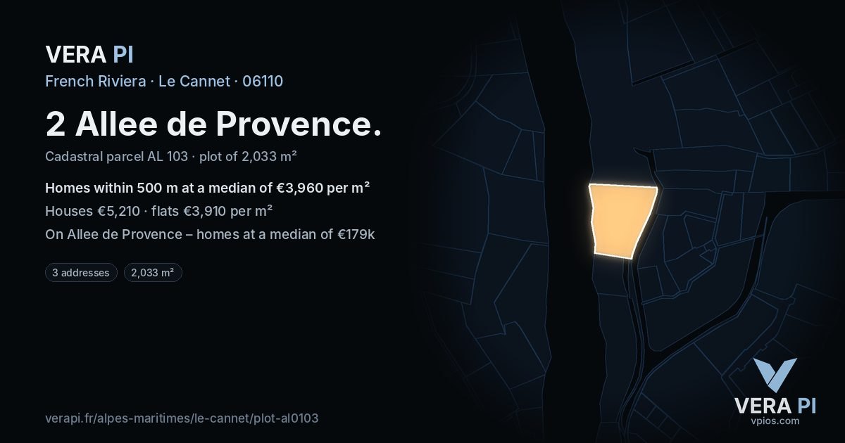 2 Allee de Provence, Le Cannet at night – the plot lit, the parcels around coloured by the prices near them