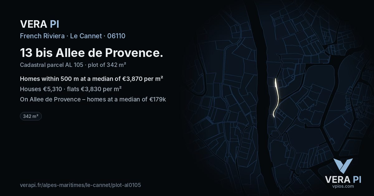 13 bis Allee de Provence, Le Cannet at night – the plot lit, the parcels around coloured by the prices near them
