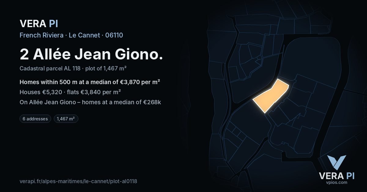 2 Allée Jean Giono, Le Cannet at night – the plot lit, the parcels around coloured by the prices near them