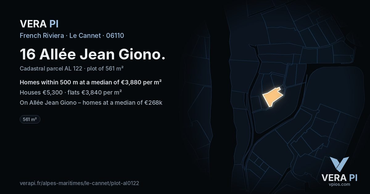16 Allée Jean Giono, Le Cannet at night – the plot lit, the parcels around coloured by the prices near them