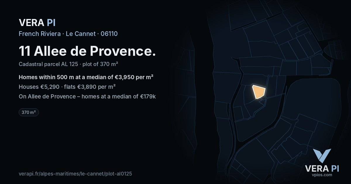 11 Allee de Provence, Le Cannet at night – the plot lit, the parcels around coloured by the prices near them