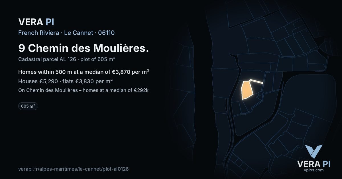 9 Chemin des Moulières, Le Cannet at night – the plot lit, the parcels around coloured by the prices near them