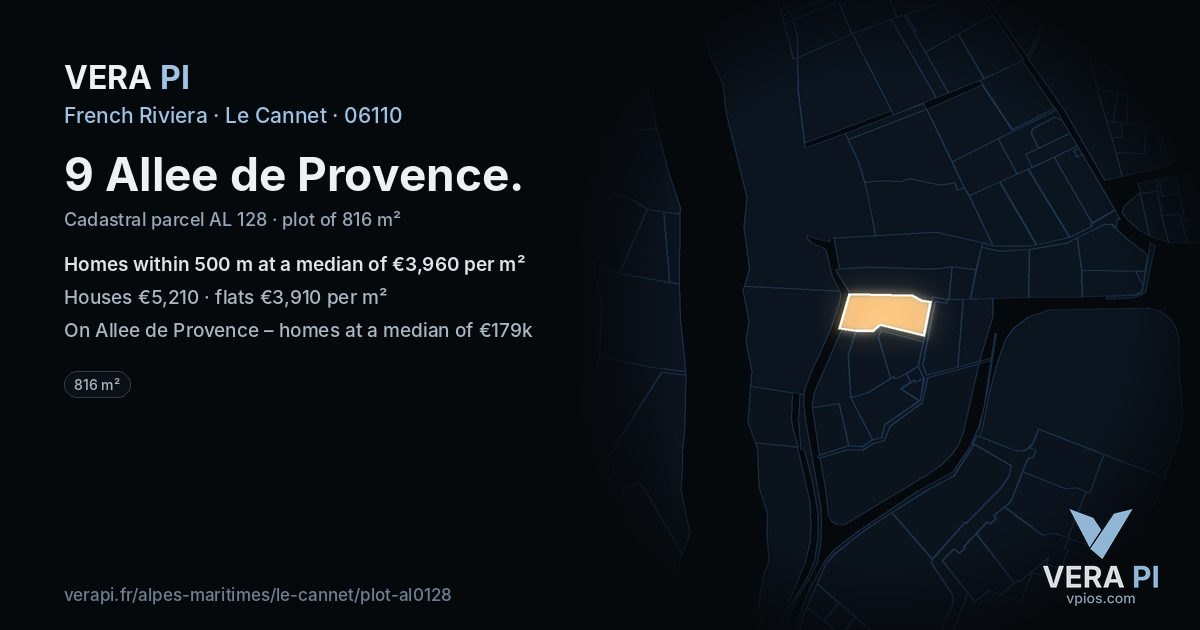 9 Allee de Provence, Le Cannet at night – the plot lit, the parcels around coloured by the prices near them