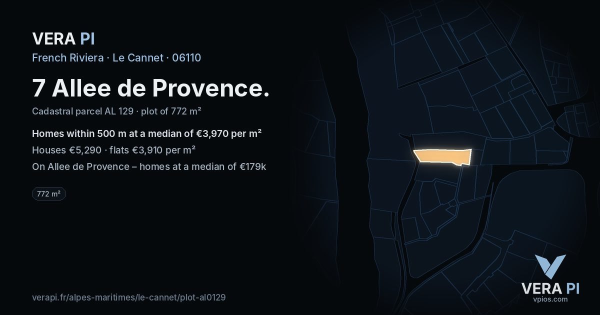 7 Allee de Provence, Le Cannet at night – the plot lit, the parcels around coloured by the prices near them