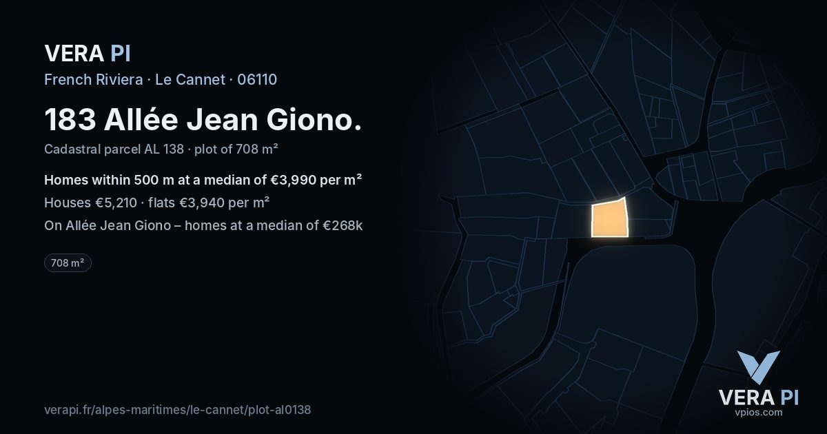 183 Allée Jean Giono, Le Cannet at night – the plot lit, the parcels around coloured by the prices near them