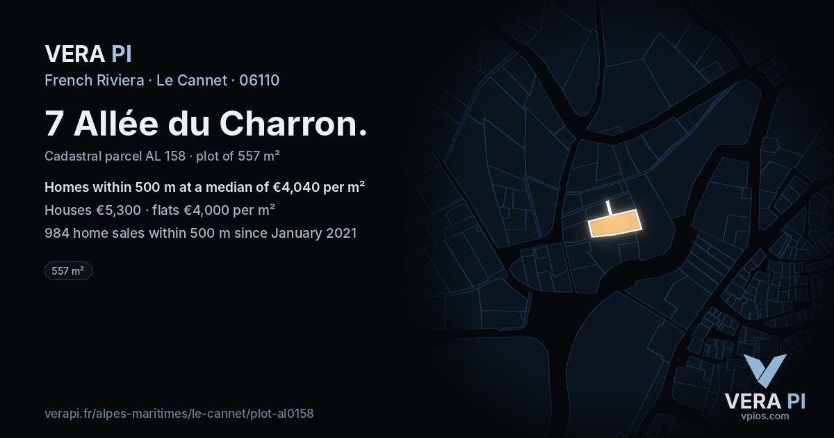 7 Allée du Charron, Le Cannet at night – the plot lit, the parcels around coloured by the prices near them