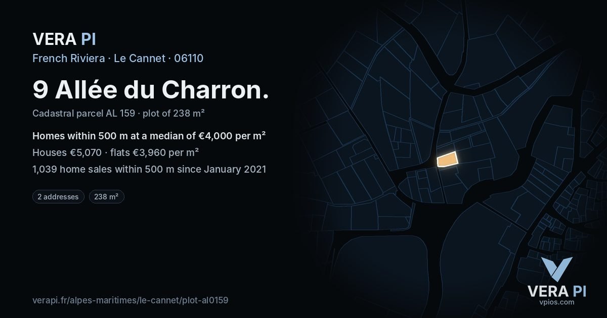 9 Allée du Charron, Le Cannet at night – the plot lit, the parcels around coloured by the prices near them