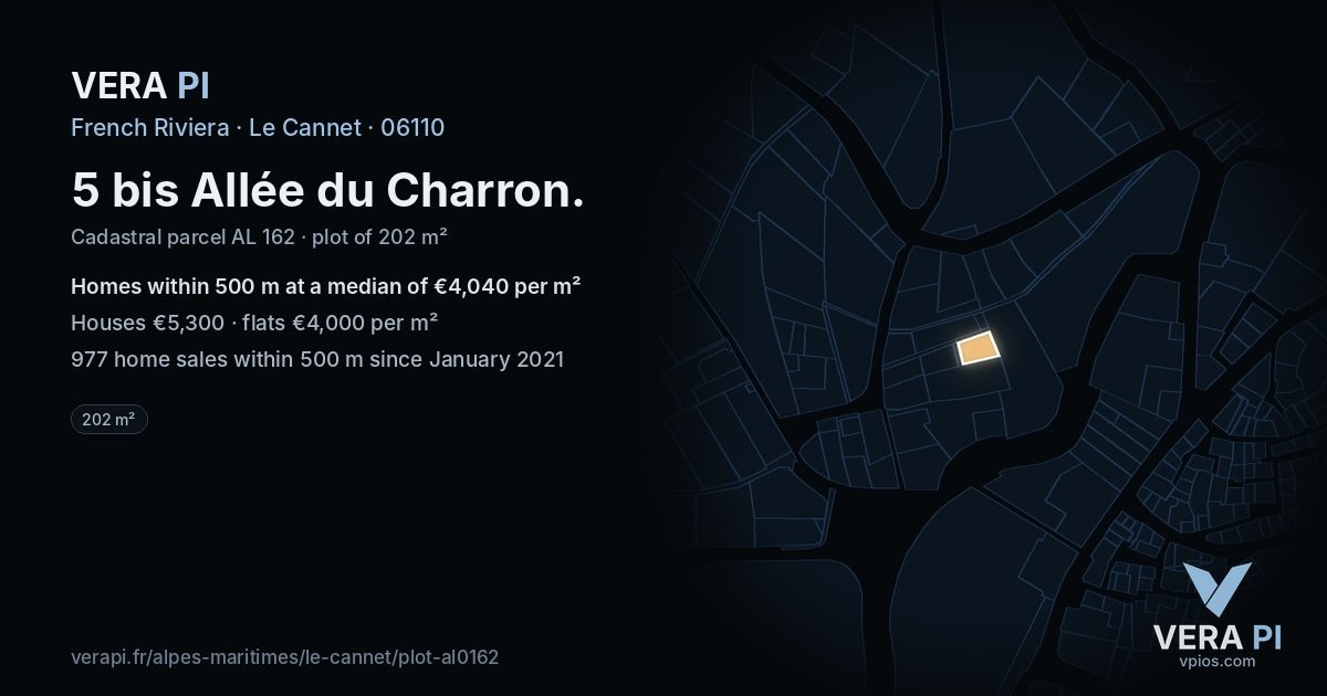 5 bis Allée du Charron, Le Cannet at night – the plot lit, the parcels around coloured by the prices near them